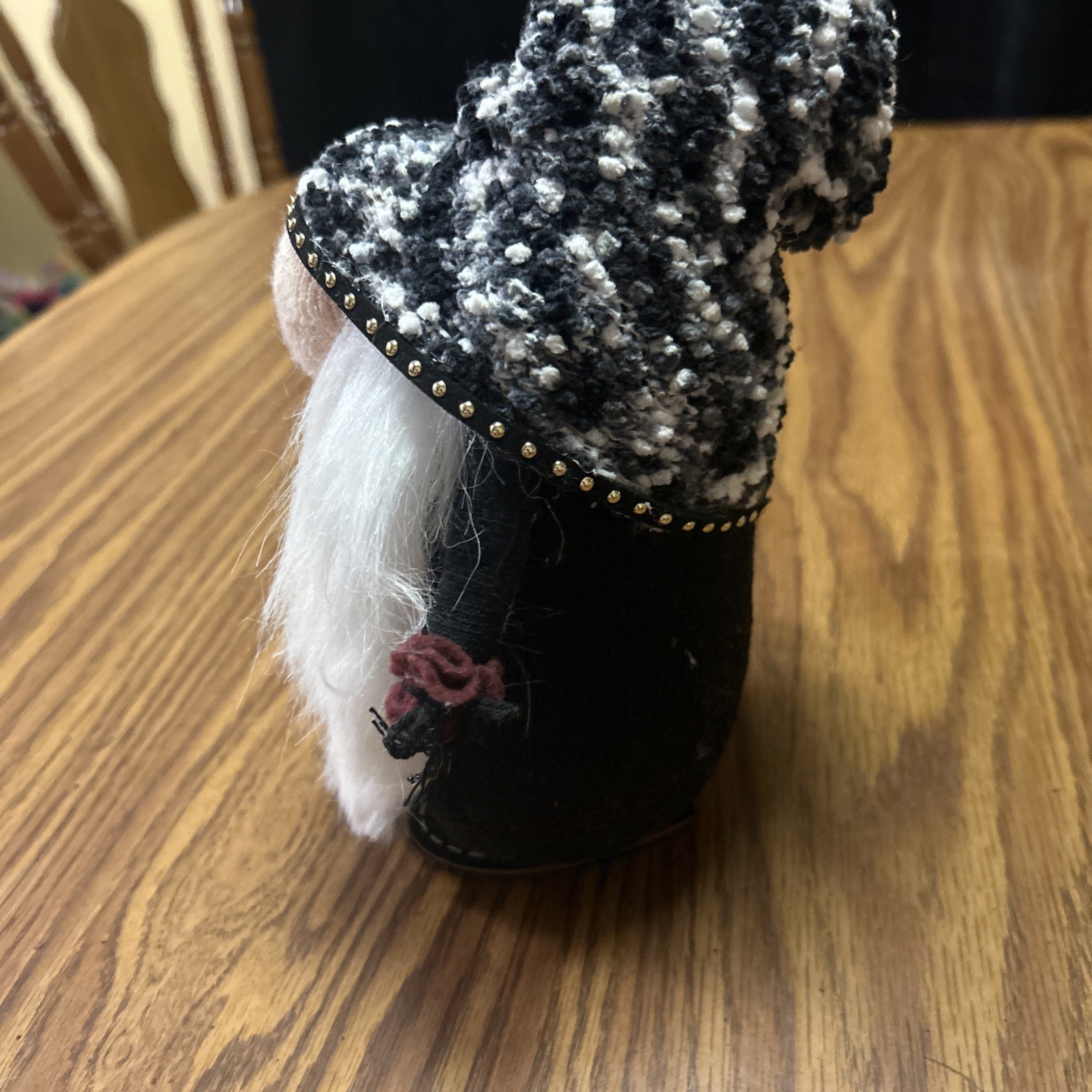 Handmade, Black And White Gnome With Bells On The Hat