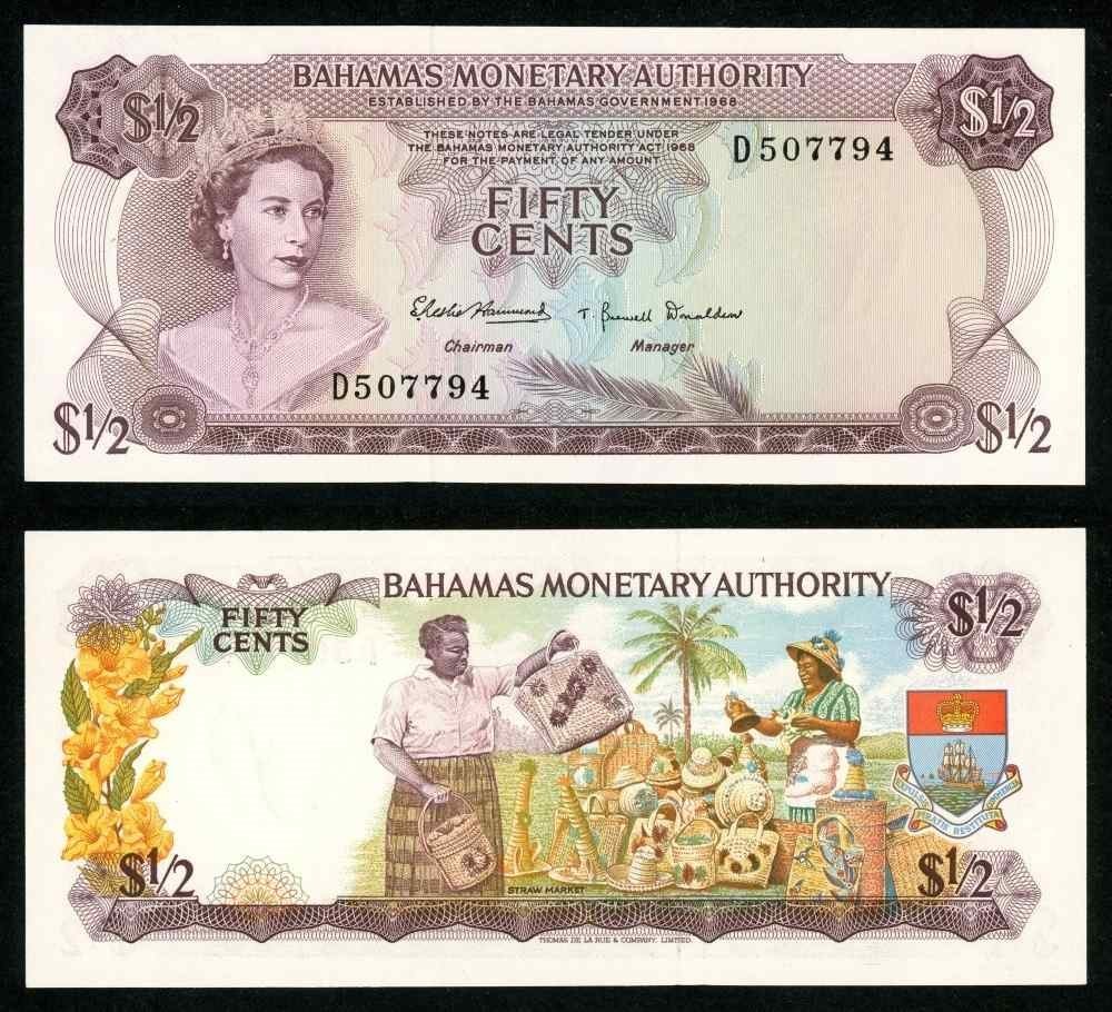 L1968 Bahamas Monetary Authority Half Dollar Banknote Pick 26a Apparent UNC