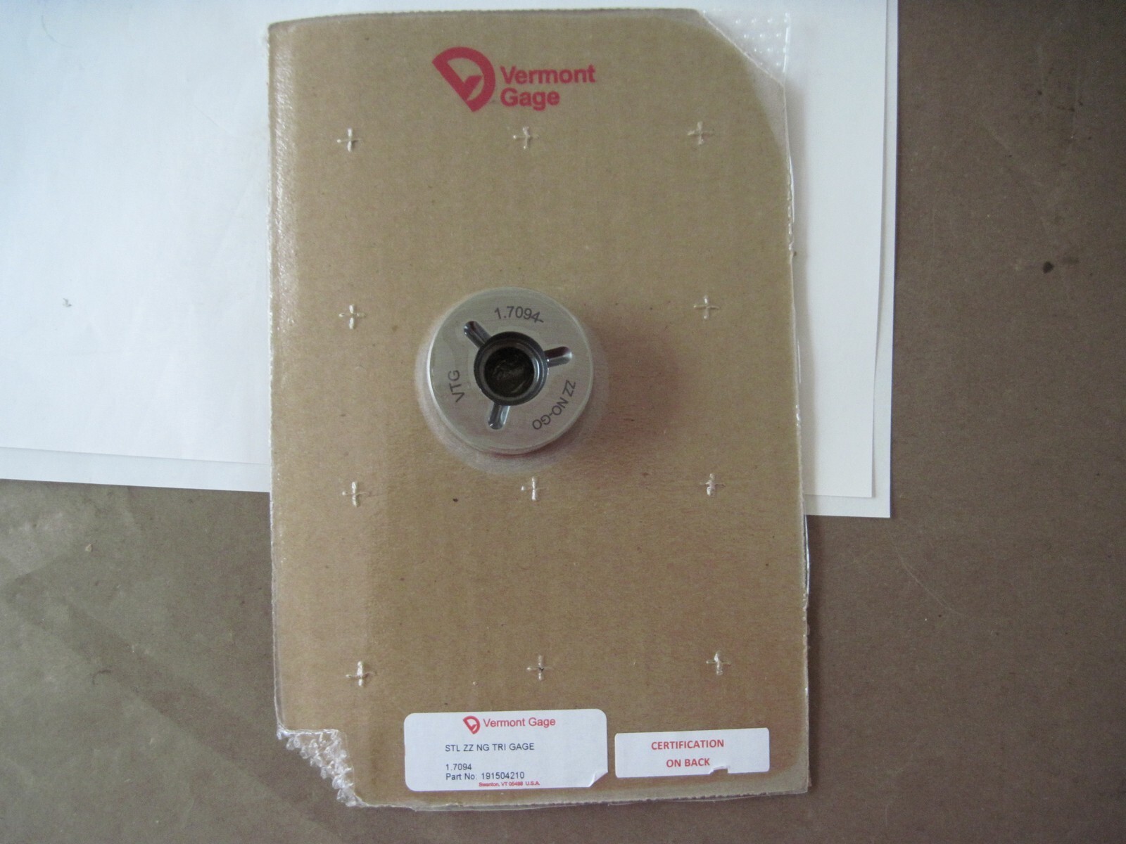 1.7094" Plug Gage Vermont Gage Steel ZZ NoGo Trilock Plug Gage 1.7094" 191504210