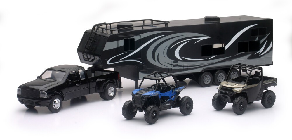 New Ray Toys Dually Pickup With Toy Hauler, Truck & Trailer with 2 UTVs #37046