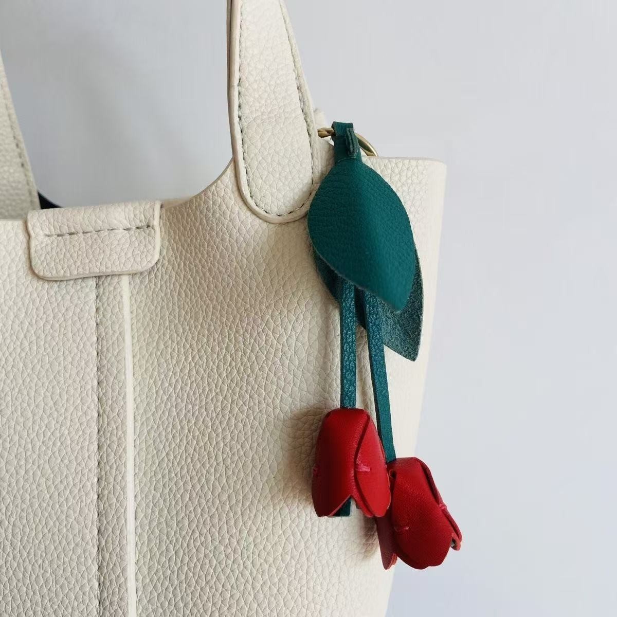 Genuine Leather Red Tulip Bag Charm Keychain Handmade Flower Handbag Accessories