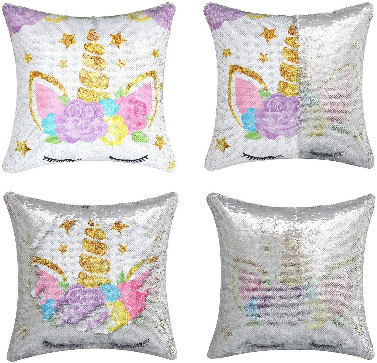 Unicorn Decorative Throw Pillow Cover 16X16 In Magic Reversible Sequin New