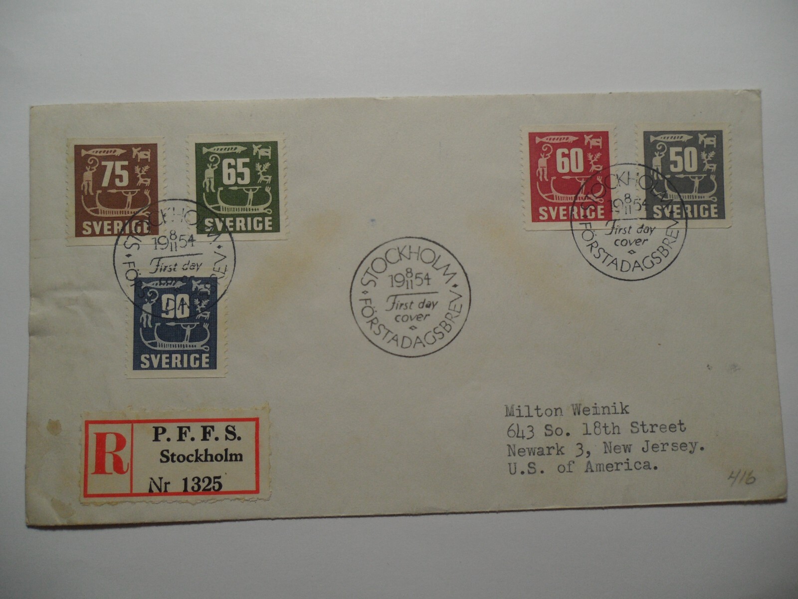 STAMPMART : SWEDEN STOCKHOLM 1954 ROCK CARVINGS REGD. FIRST DAY COVER