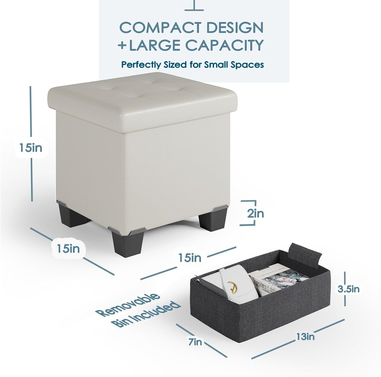 Storage Ottoman Cube with Bin, 15-In Square 15 Inch, White Leather