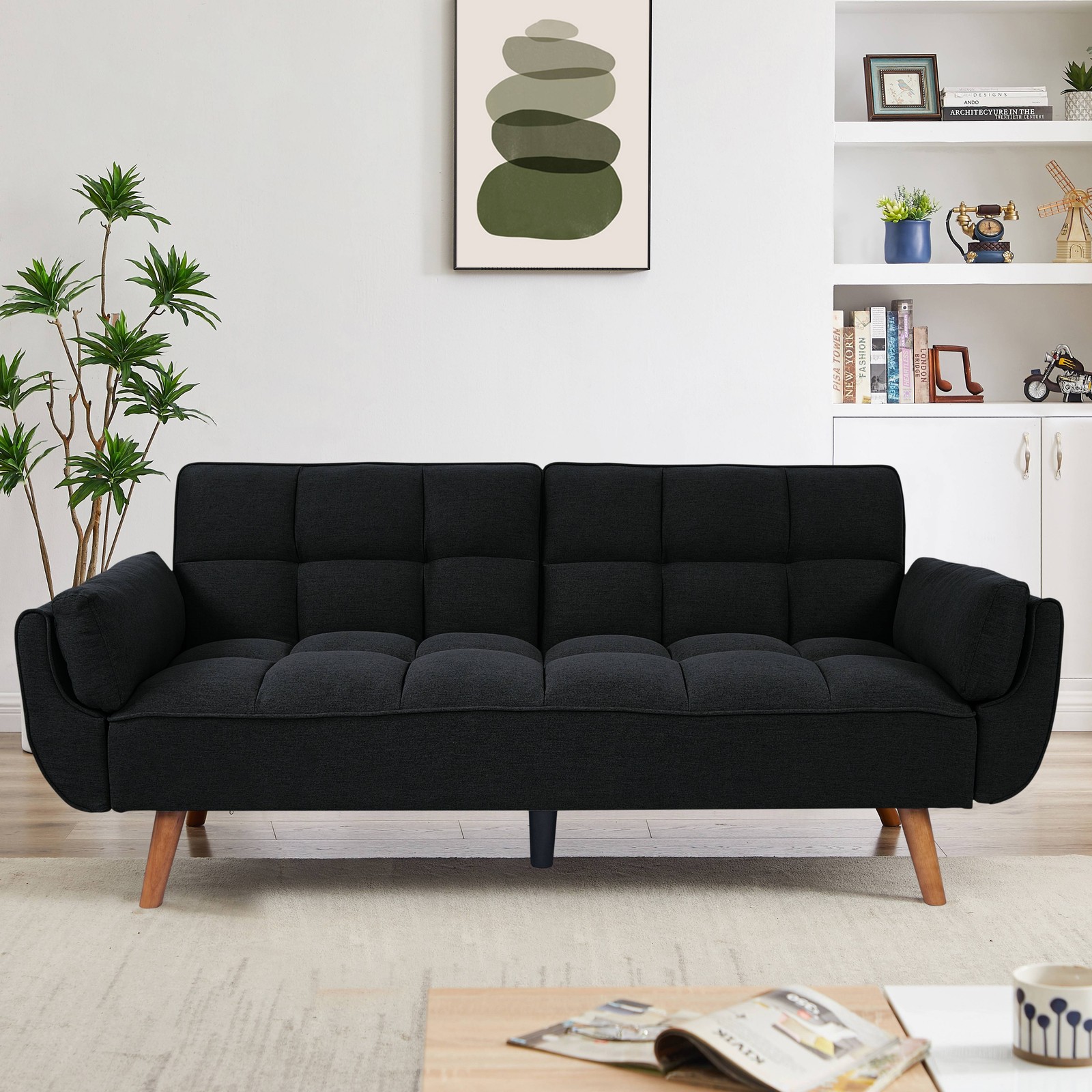 75.39" Velvet Sleeper Sofa Bed Double Convertible Adjustable Backrest Solid Wood