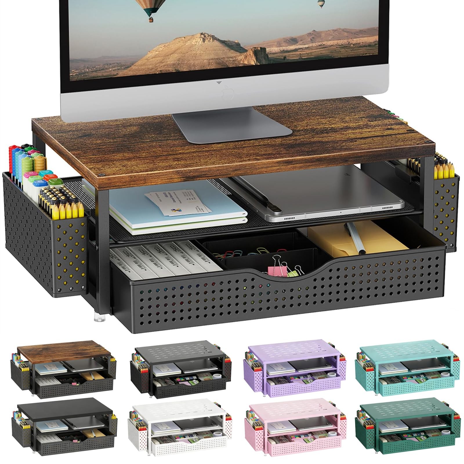 Desk Organizer Monitor Stand with Drawer and 2 Pen Holder Wood-Plain