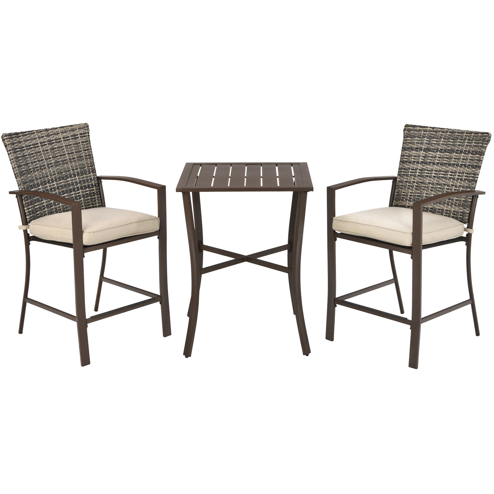 Patiojoy 3-Piece Patio Rattan Furniture Set Outdoor Bistro Set Cushioned Chairs