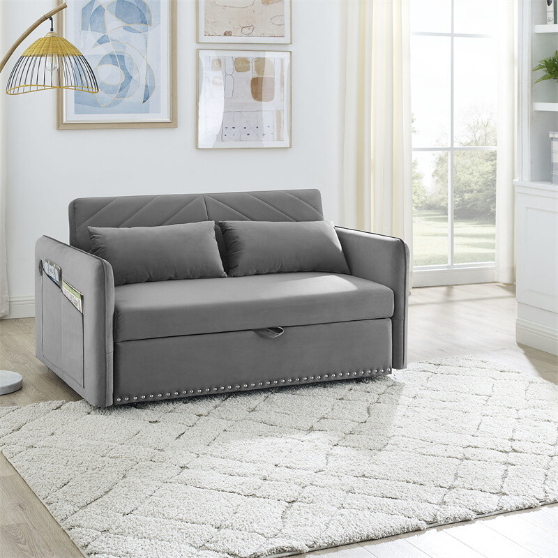 3 in 1 Convertible Sofa Bed,Gray Pull Out Sleep Sofa Bed w/USB Port & 2 Pillows