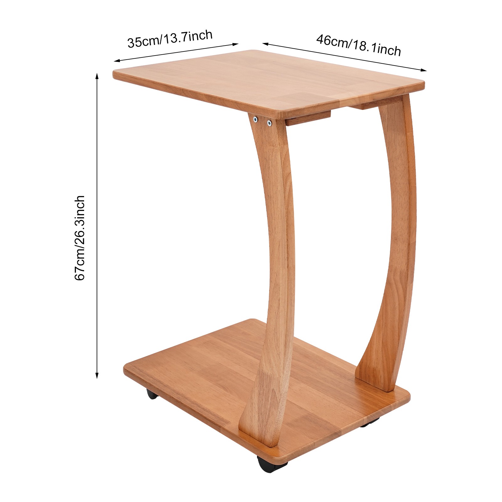 Solid Wood End Table With Rolling Wheels, C Shaped Side Table, Tv Tray Table