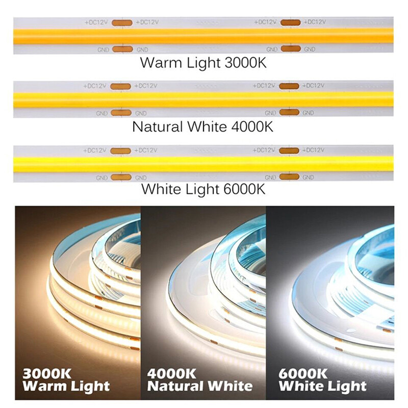 16.4ft COB LED Light 12/24V 384/528 LED/M IP20 Light Strips for Room Cuttable