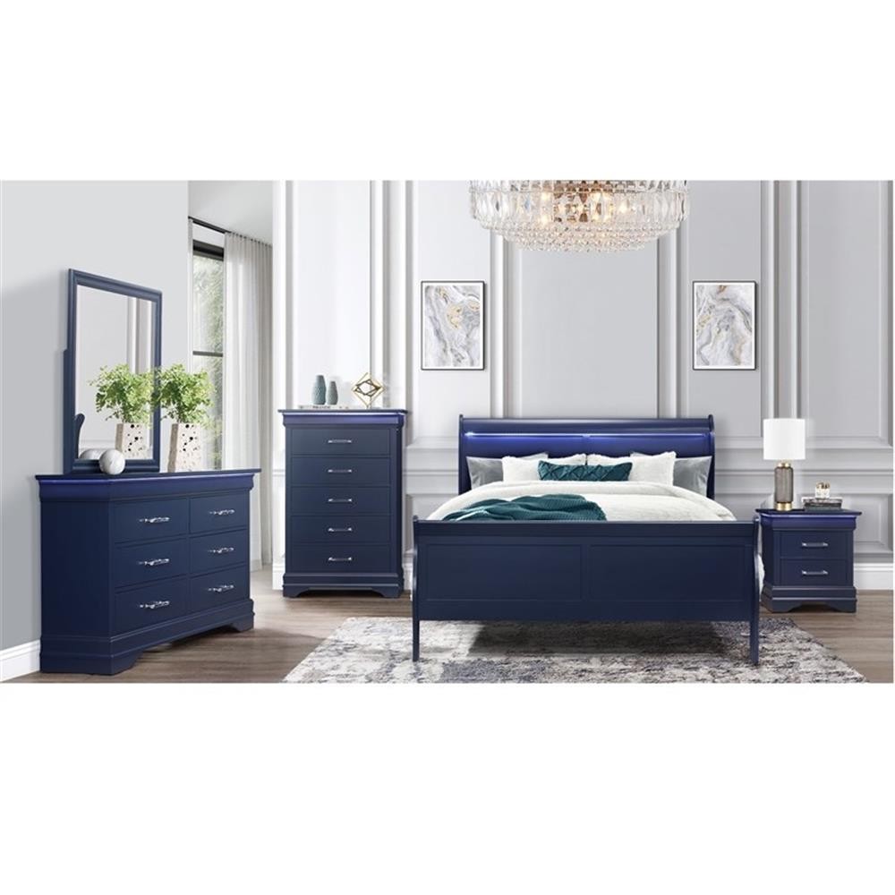 Global Furniture USA Traditional Charlie Blue Wood King Bed with LED