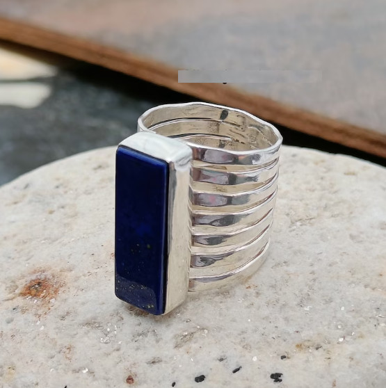 Handcrafted Rectangle Lapis Lazuli Ring: 925 Sterling Silver Ring All Size R345