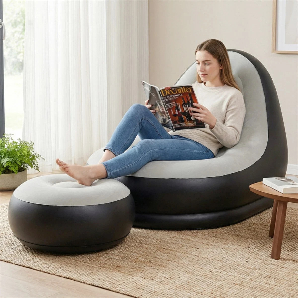 Inflatable Sofa with Ottoman Set, 104.14×127×90.17cm Flocked PVC Blow-Up Couch