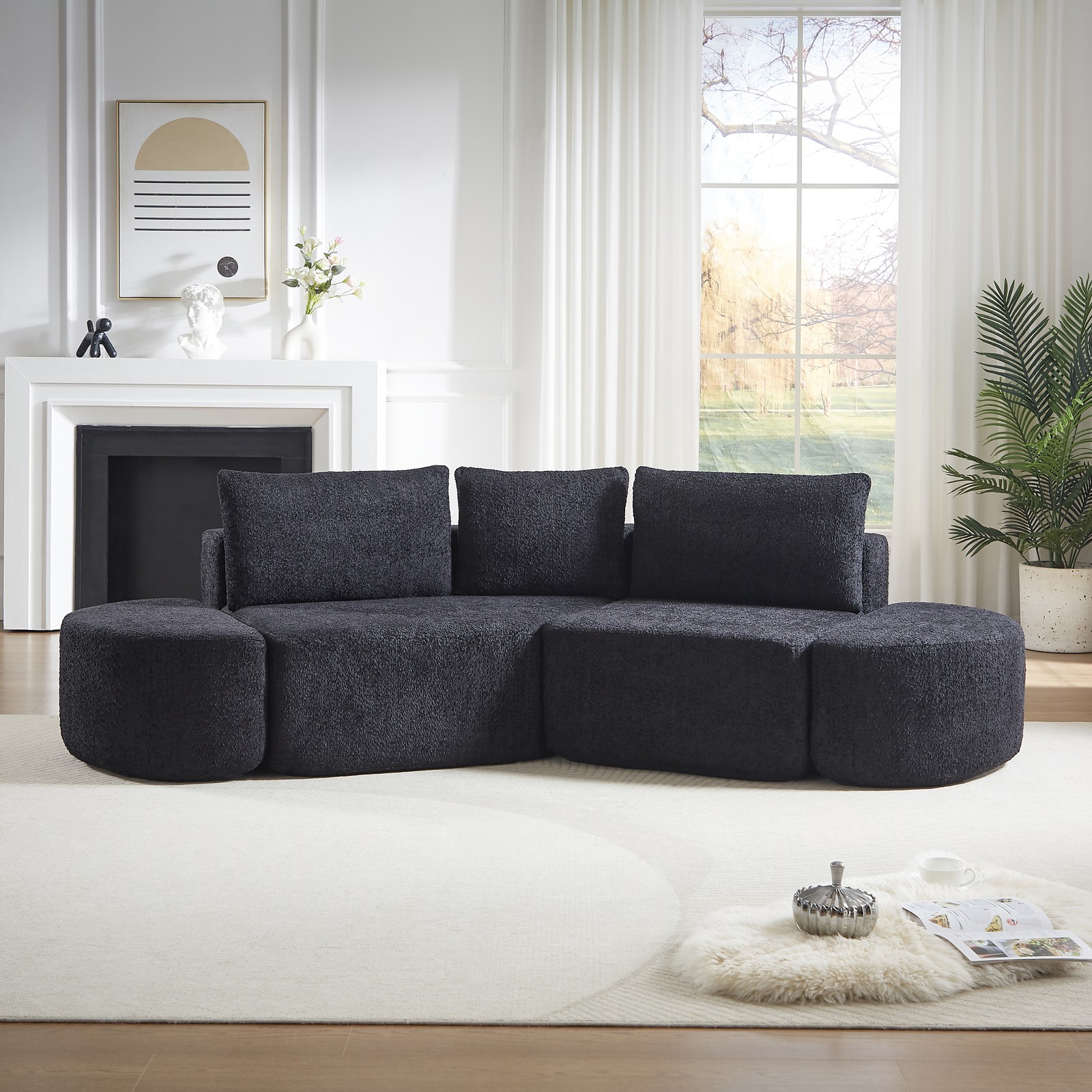 106.3-inch V-shaped modular sofa set in chenille fabric, featuring three throw p