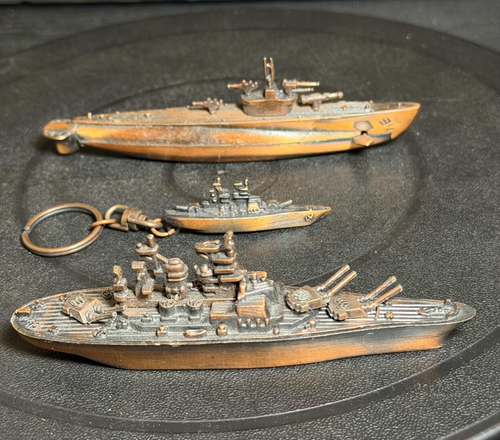 Copper Die Cast Battle Ship Pencil Sharpener Warship Turrets Swivel Lot of 3
