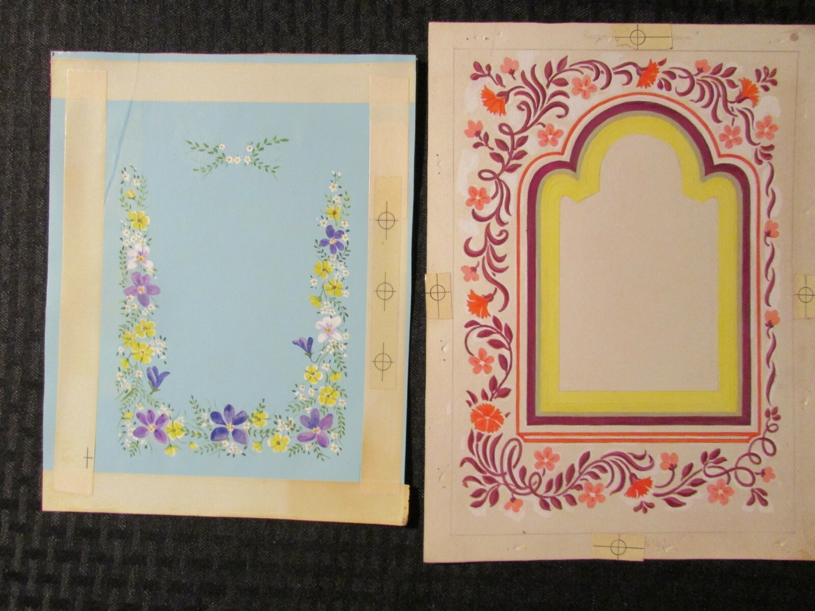 PURPLE YELLOW FLOWER BORDERS 7x9" Greeting Card Art LOT of 2 #1953 2846