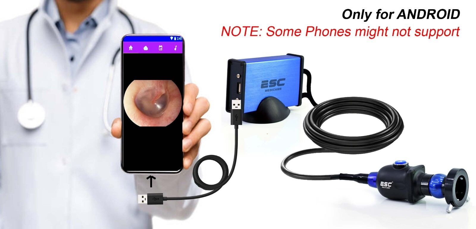 USB Endoscopy Camera HD w/ Portable Cold LED Light Source for Rigid Endoscopes