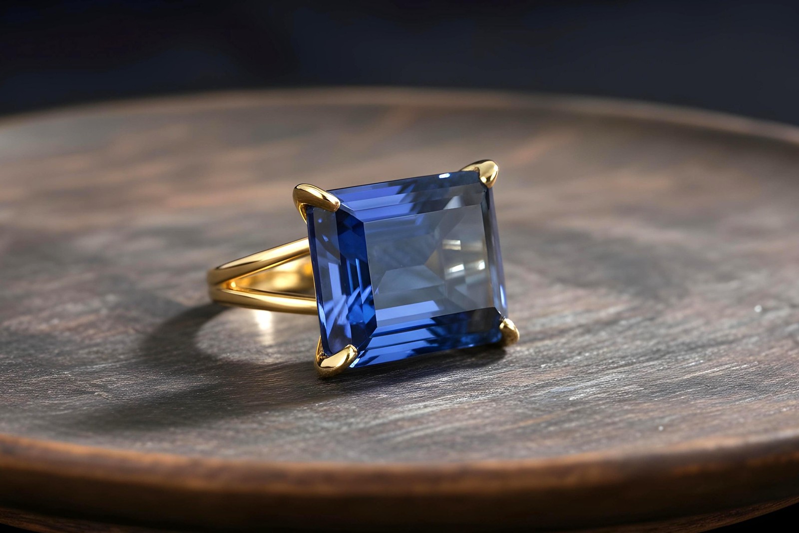Silver Sapphire Ring Anemone Jewelry Rectangle Emerald Cut Blue Gem