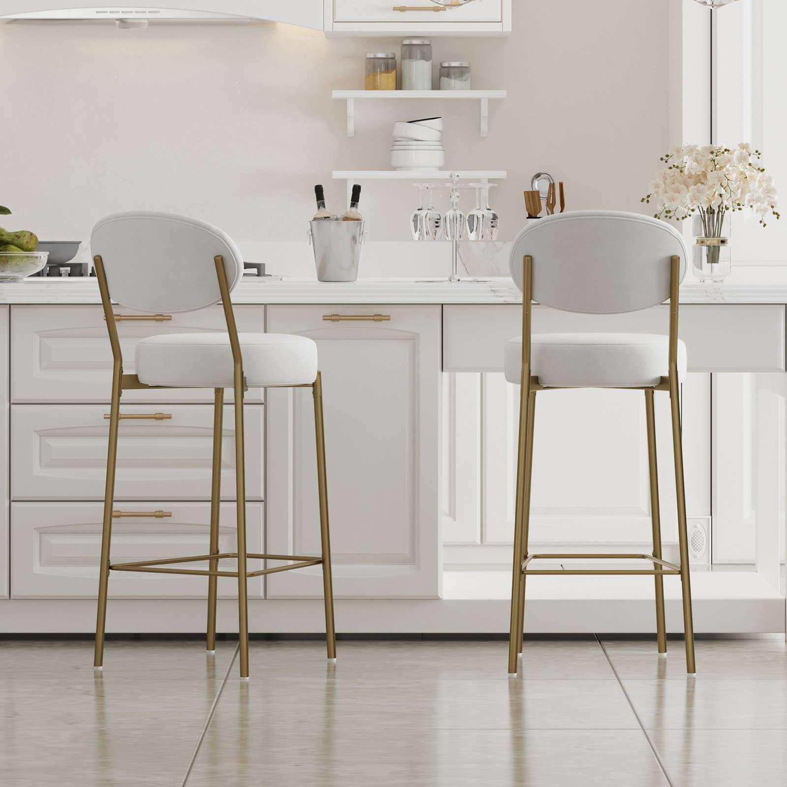29'' Upholstered Bar Stools Velvet Counter Stool with Backrest & Footrest Set