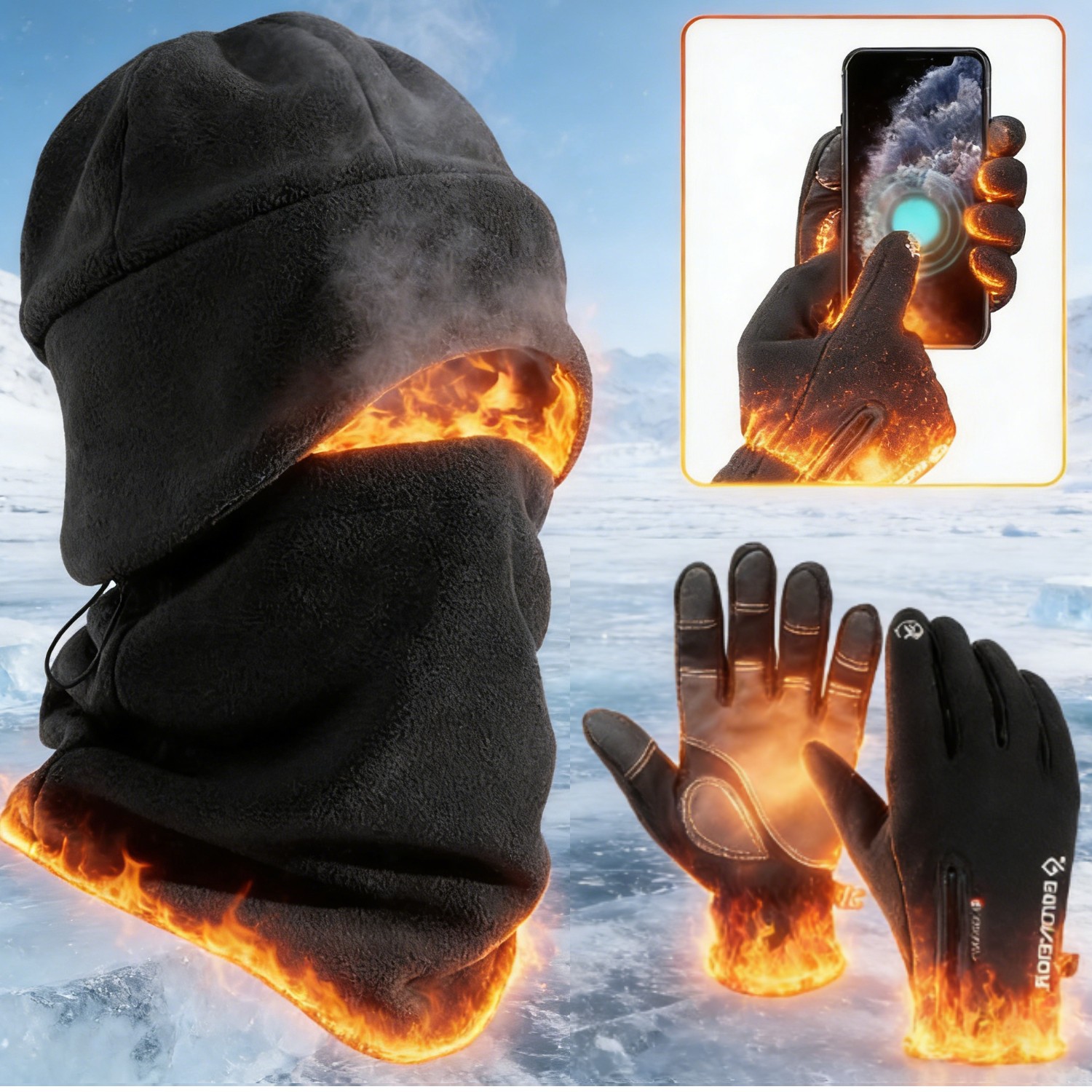 Touchscreen Ski Gloves&Scarf Hat Set - Windproof Cycling Gear for Outdoor Winter