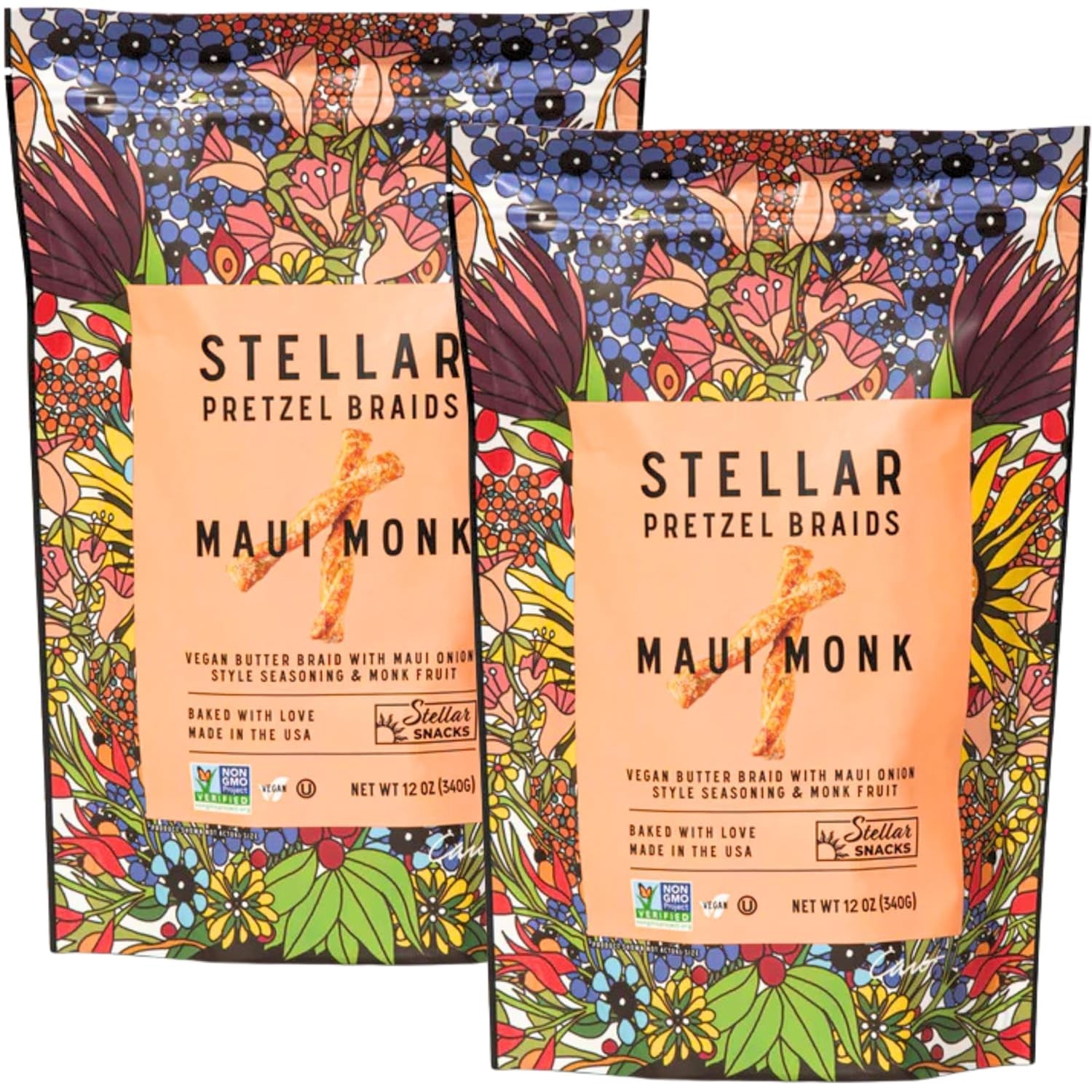 Stellar Snacks Pretzel Braids, Maui Monk, 12 Oz Large Bags Pack of 2 - Vegan,...