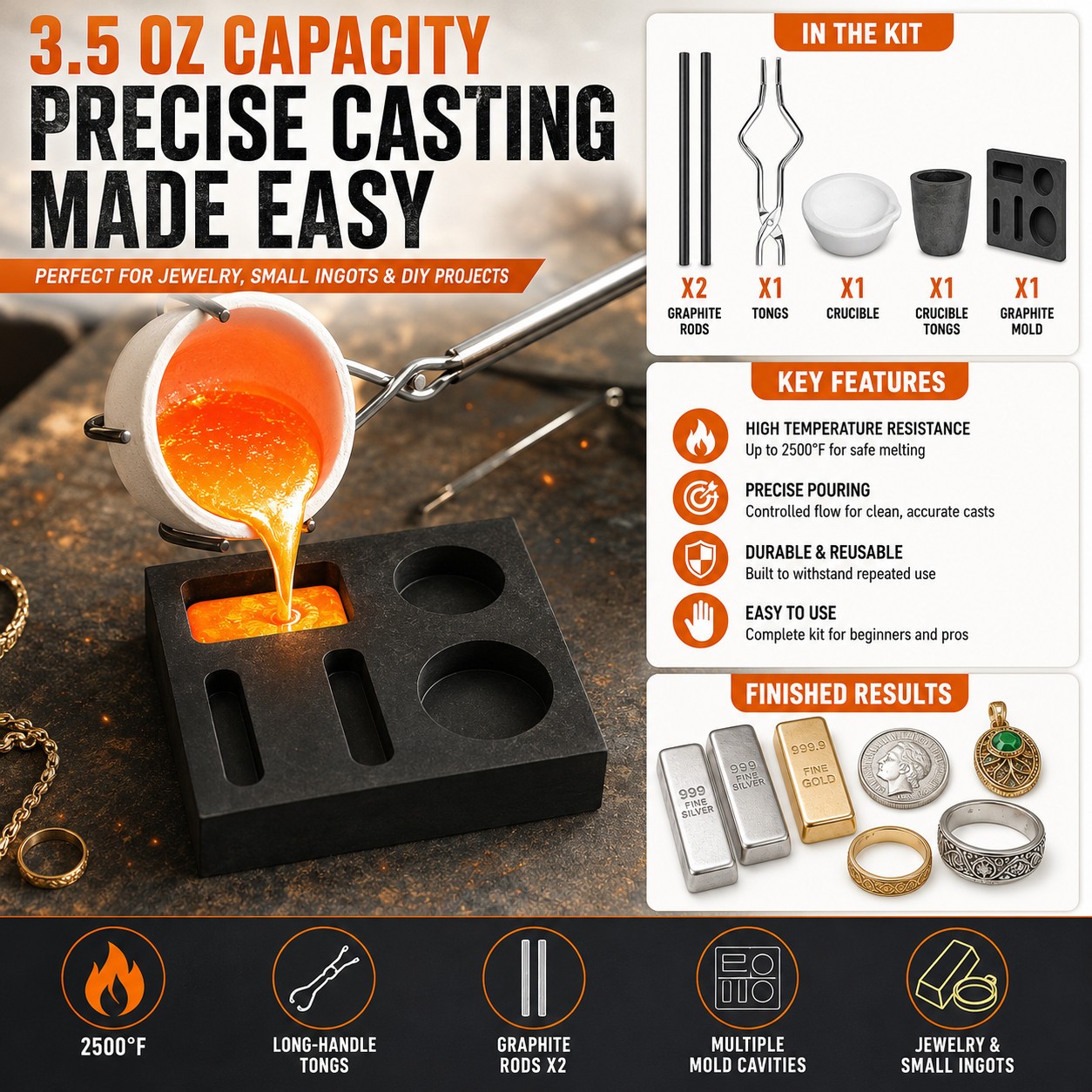 6Pack Graphite Ingot Crucible Mold Combo Torch Melting Gold Silver Copper Tools