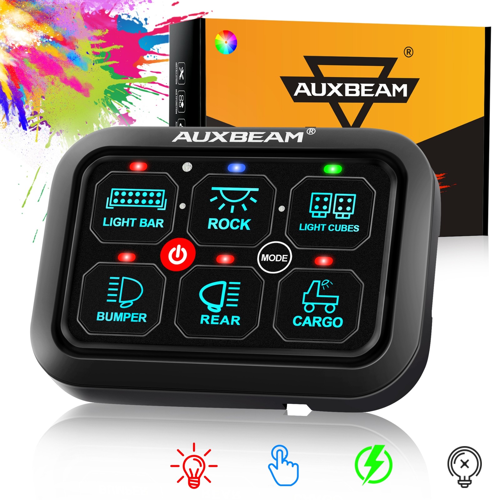 AUXBEAM RA60 RGB 6 Gang Switch Panel Toggle Momentary Pulsed Automatic Dimmable