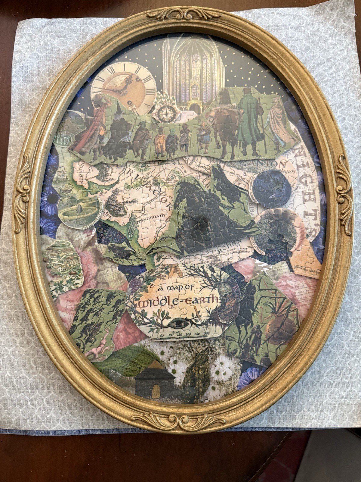 OOAK Lord Of The Rings Puzzle Montage Art LARGE Gold Oval Frame, 13" X 17"