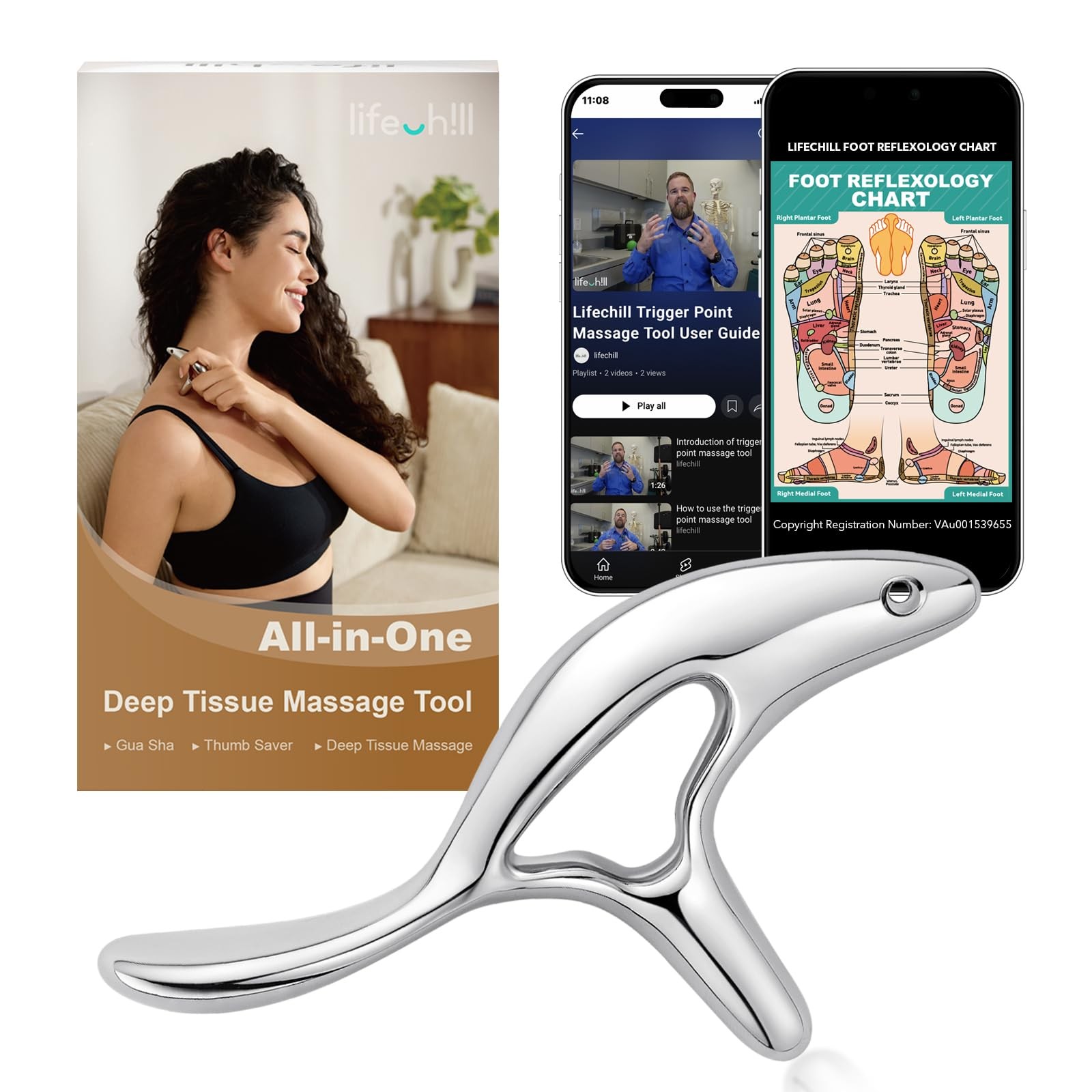 lifechill Trigger Point Massage Tool for Pain Relief Deep Tissue & 1, Silver