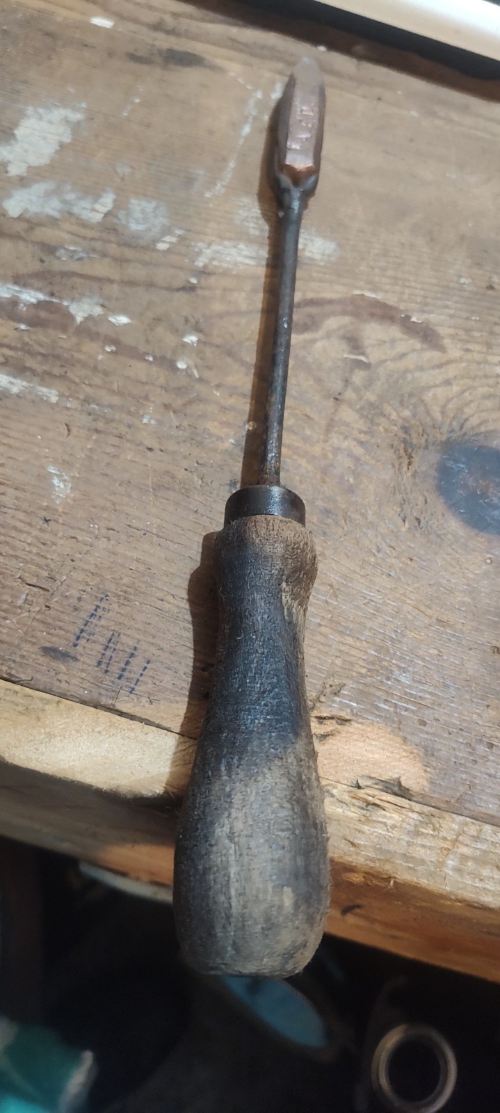 Soldering iron, flame heated copper tip with wood handle, Initial D.A.E .D