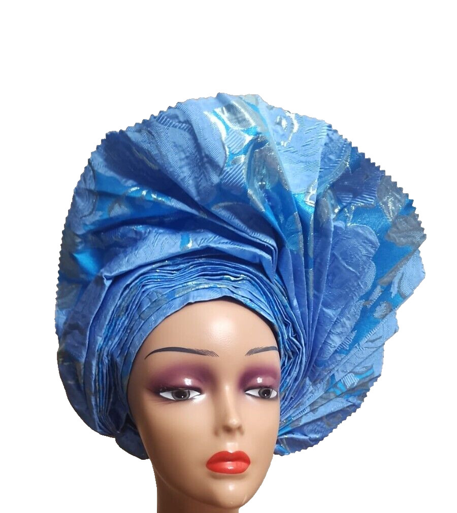 Authentic African Sky-Blue auto gele for women. NEW