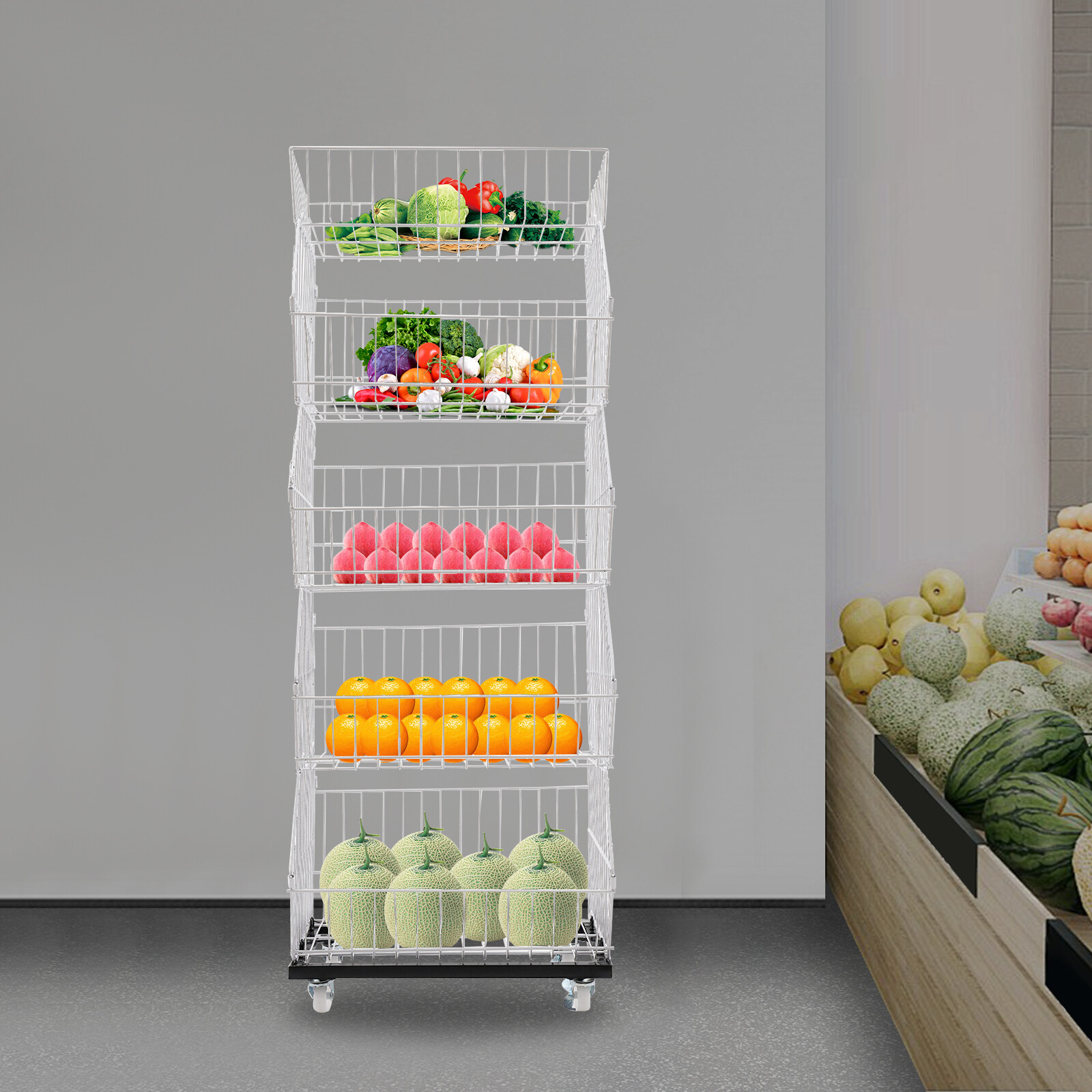 5-Tier Wire Grid Display Rack with Wheels for Fruits and Vegetables
