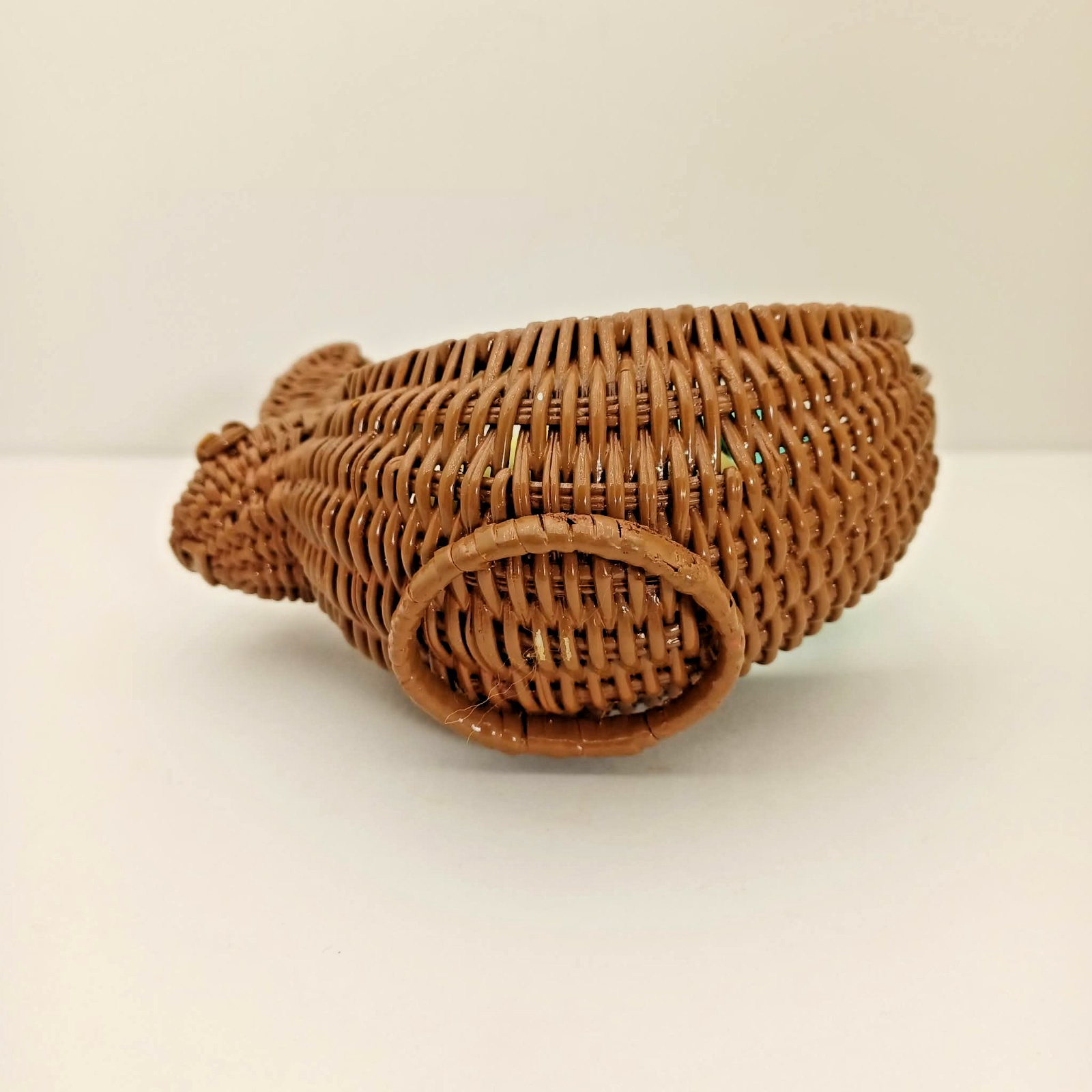 Vintage Small Easter Bunny Brown Wicker Basket 5” With Three 2.25" Ceramic Eggs