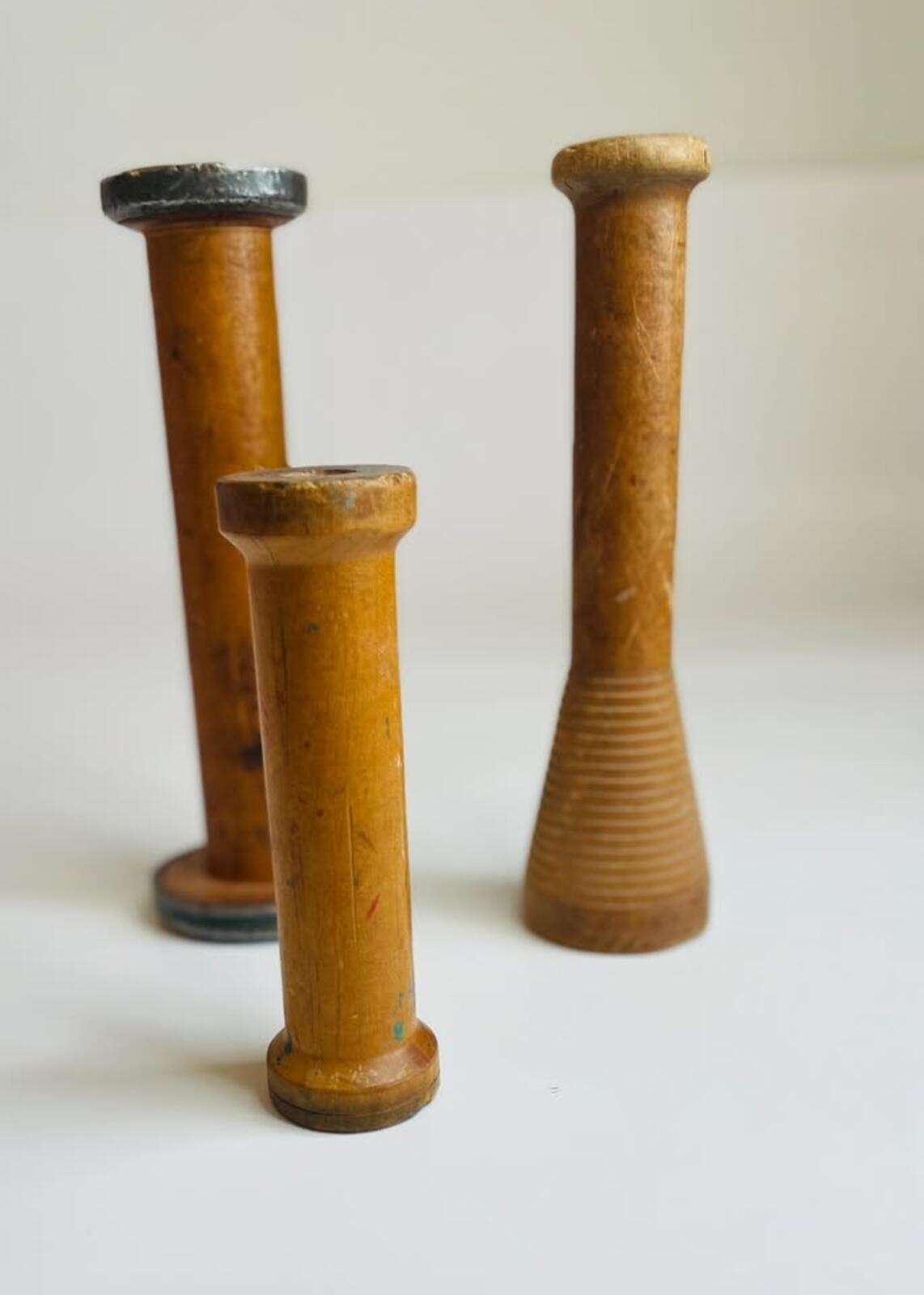 Vintage Set Of 3 Wooden Textile Bobbins Spools Industrial Sewing Primitive Decor