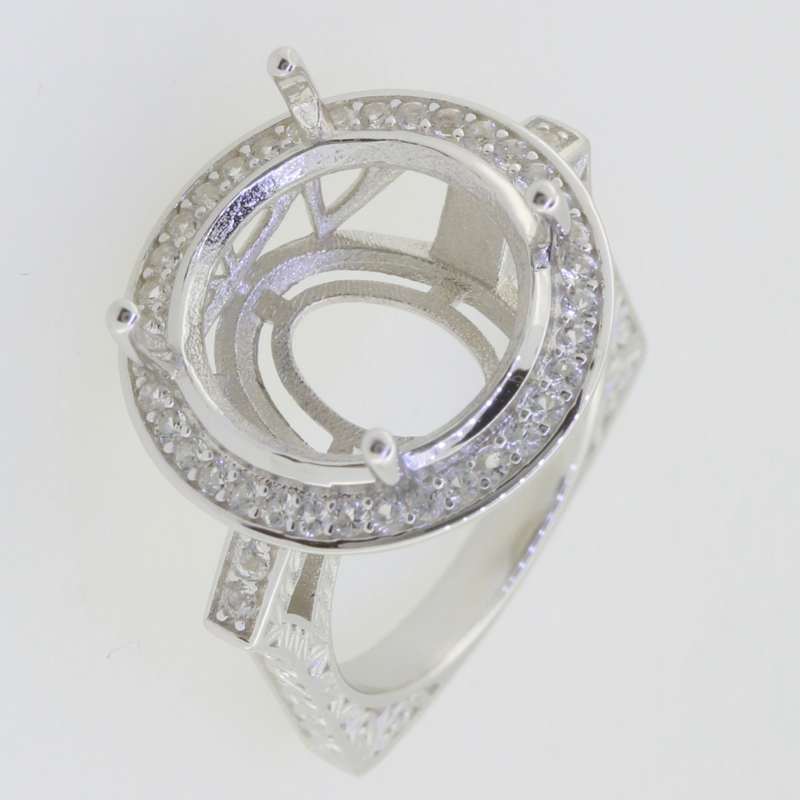 Sterling Silver Semi Mount Ring Setting Round RD 15x15mm Halo Euro Style
