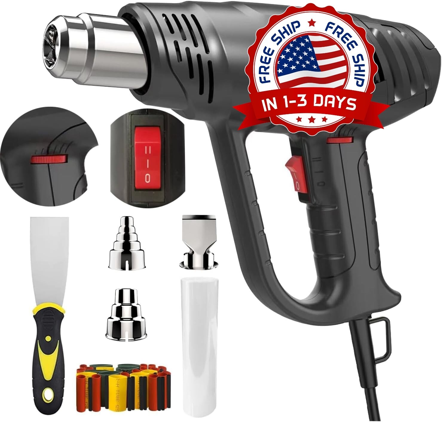 Pistola De Calor 120V Para Trabajo Pesado 1800W De Aire Caliente Negro NEW US..