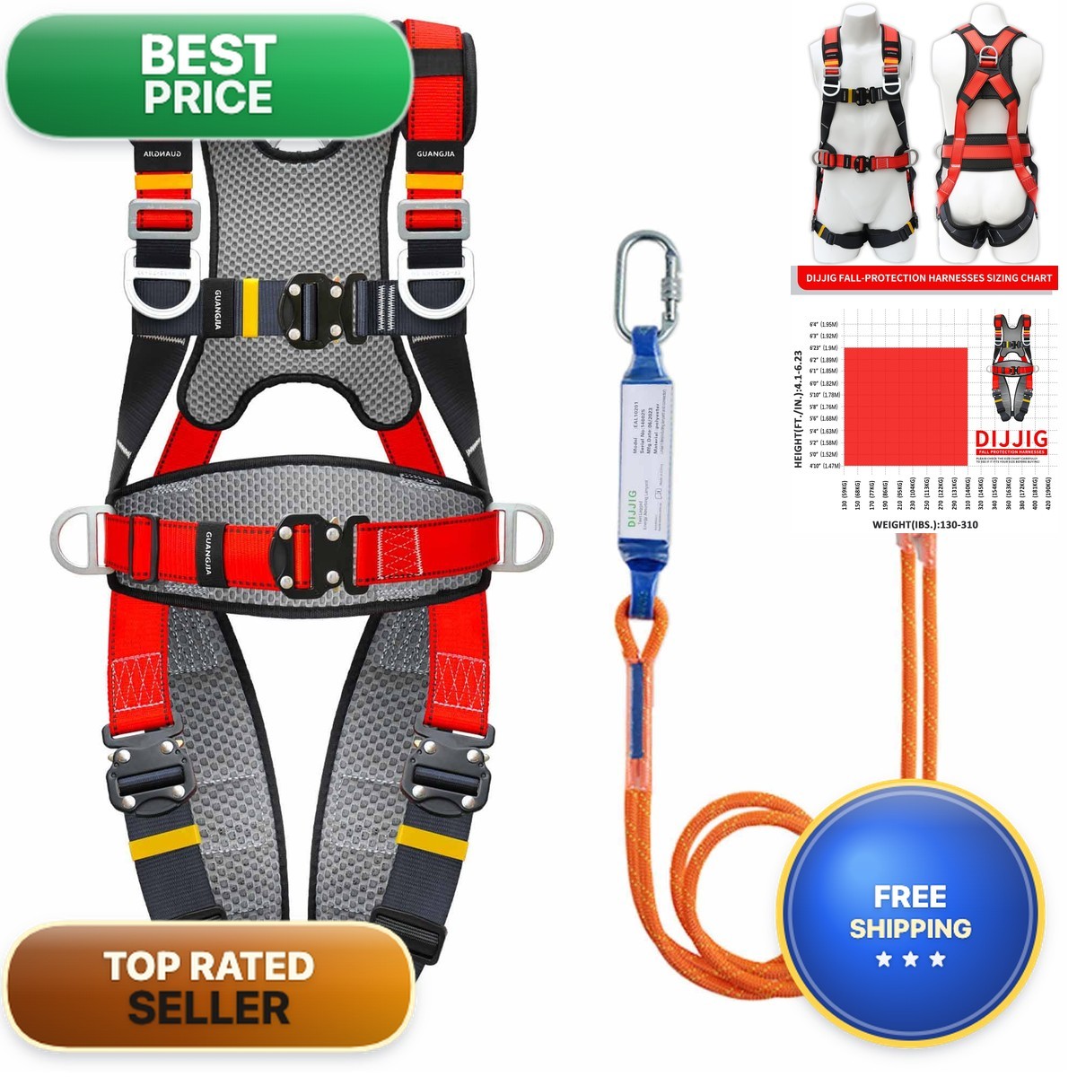 DIJJIG Full Body Fall Protection Safety Harness 5-Point Adjustment AQD-1