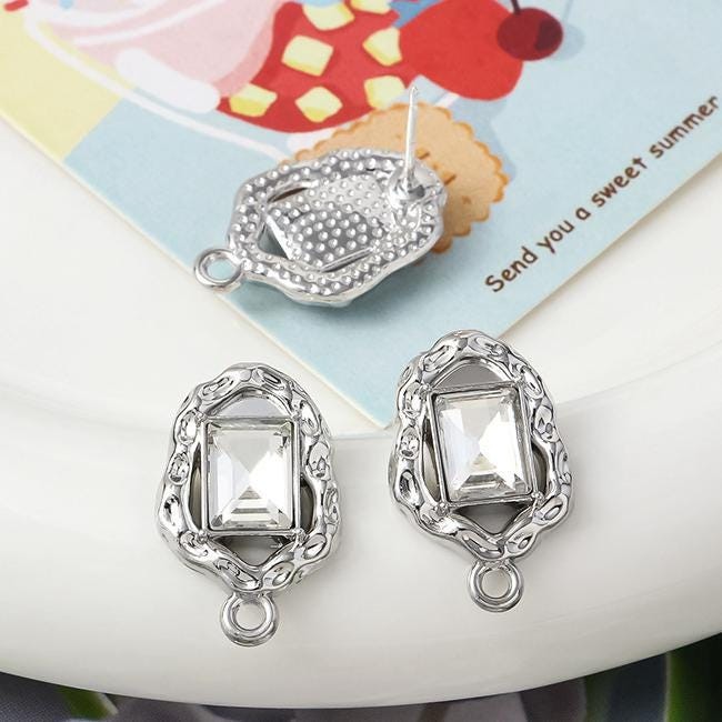 2Pairs Silver Rhodium Plated Alloy Rhinestone Stud Earrings Component GJS624