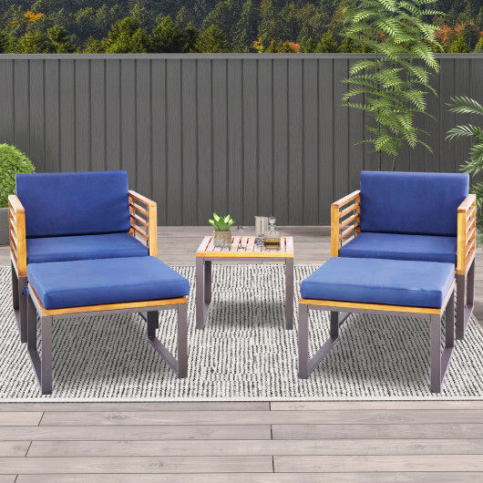 5 Piece Patio Acacia Wood Chair Set with Ottomans and Coffee Table-Navy - Color: