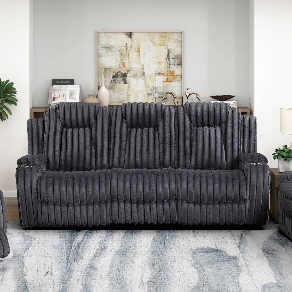 Reclining Sofa w/ Cup Holders Dark Gray Corduroy 3 Seater Living Room Furniture