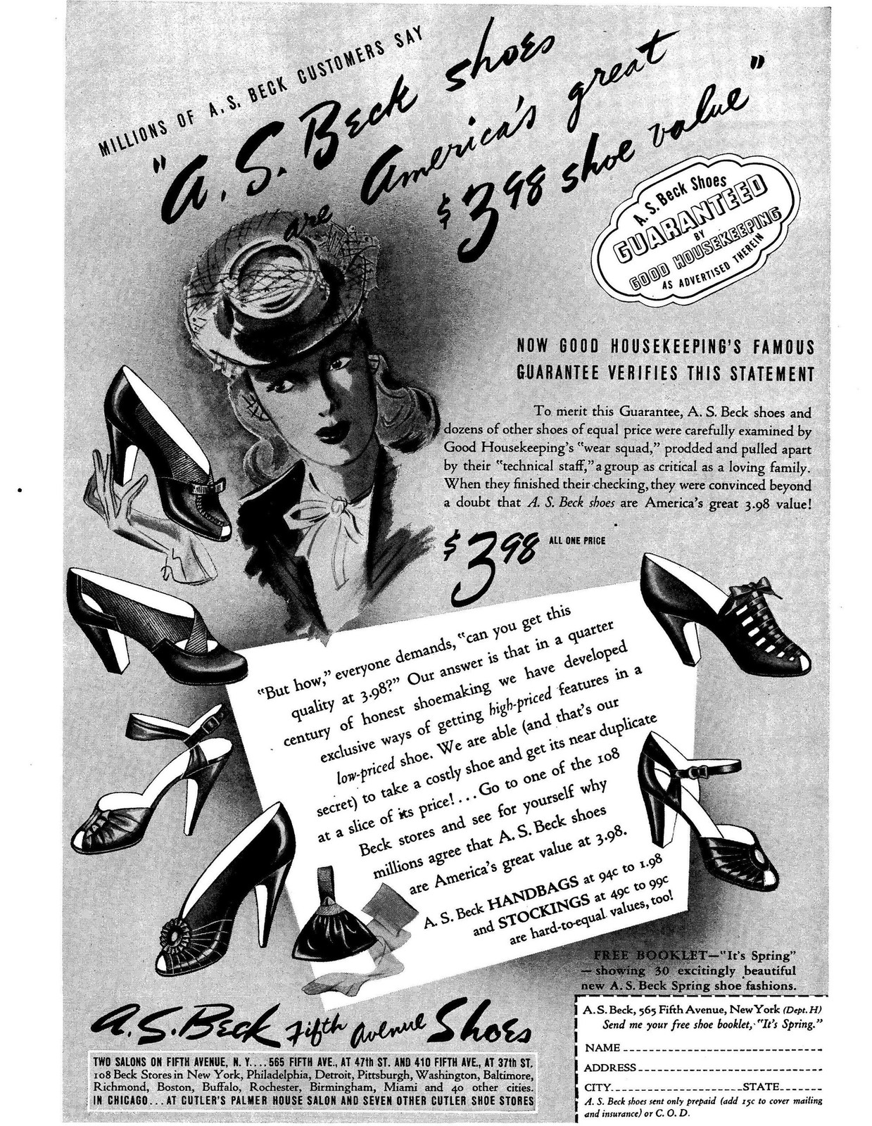 Vintage 1940 Print Ad A.S. Beck Fifth Avenue Shoes Womens Footwear 7 7/8x10 1/3"