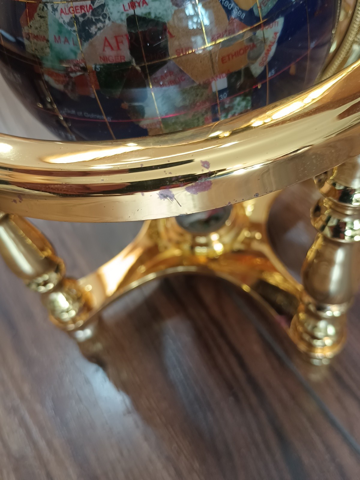 Gemstone World Globe w/ Gold-Toned Brass Stand W/Compass