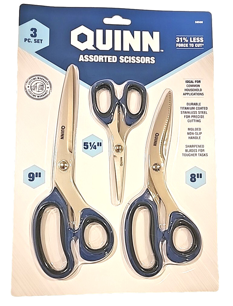 QUINN 3pc Assorted Scissors:Durable Titanium Coated Stainless Steel Blades - NEW