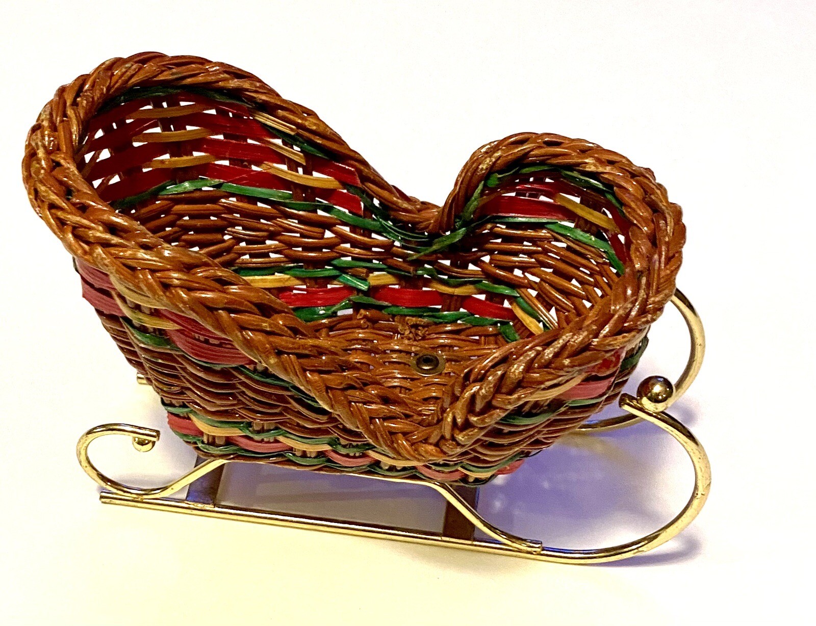 Wicker Sleigh Basket Christmas Holiday Decor 6 Inches Red Green Brown Gold