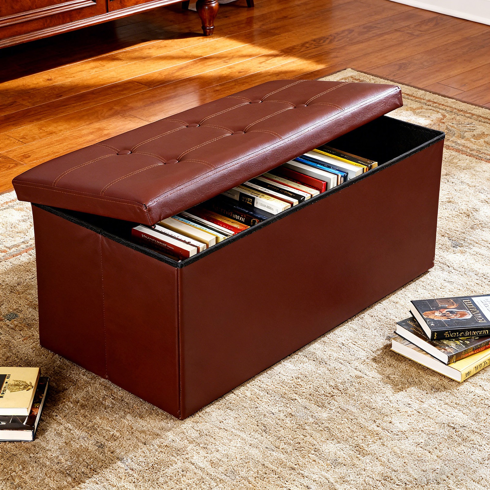 Brown Sturdy Ottomans Foot Bench Foldable Storage Footstools Spacious Organizer