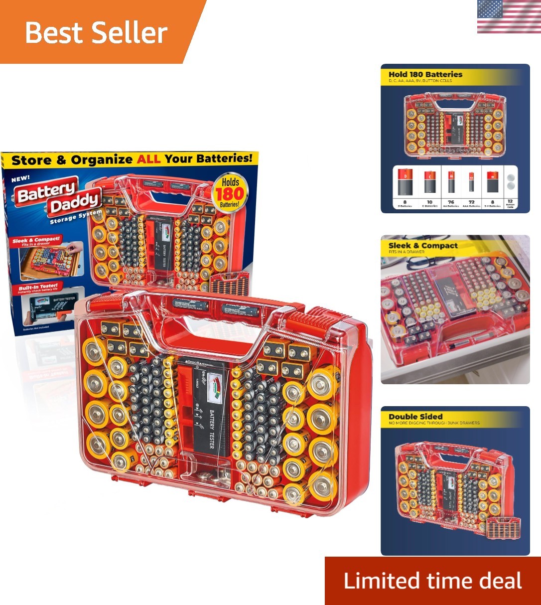 Battery Daddy Storage & Organizer Case w/Tester, Stores & Protects Up to 180 ...