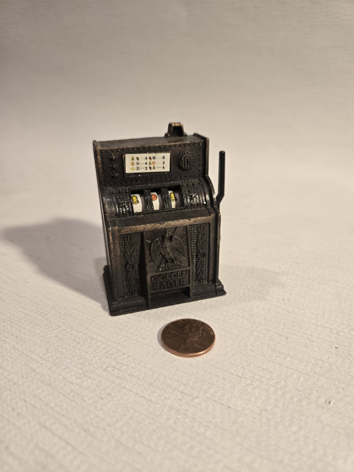 Vintage Golden Eagle Mini Die-cast Pencil Sharpener Slot Machine ~ Still Works!