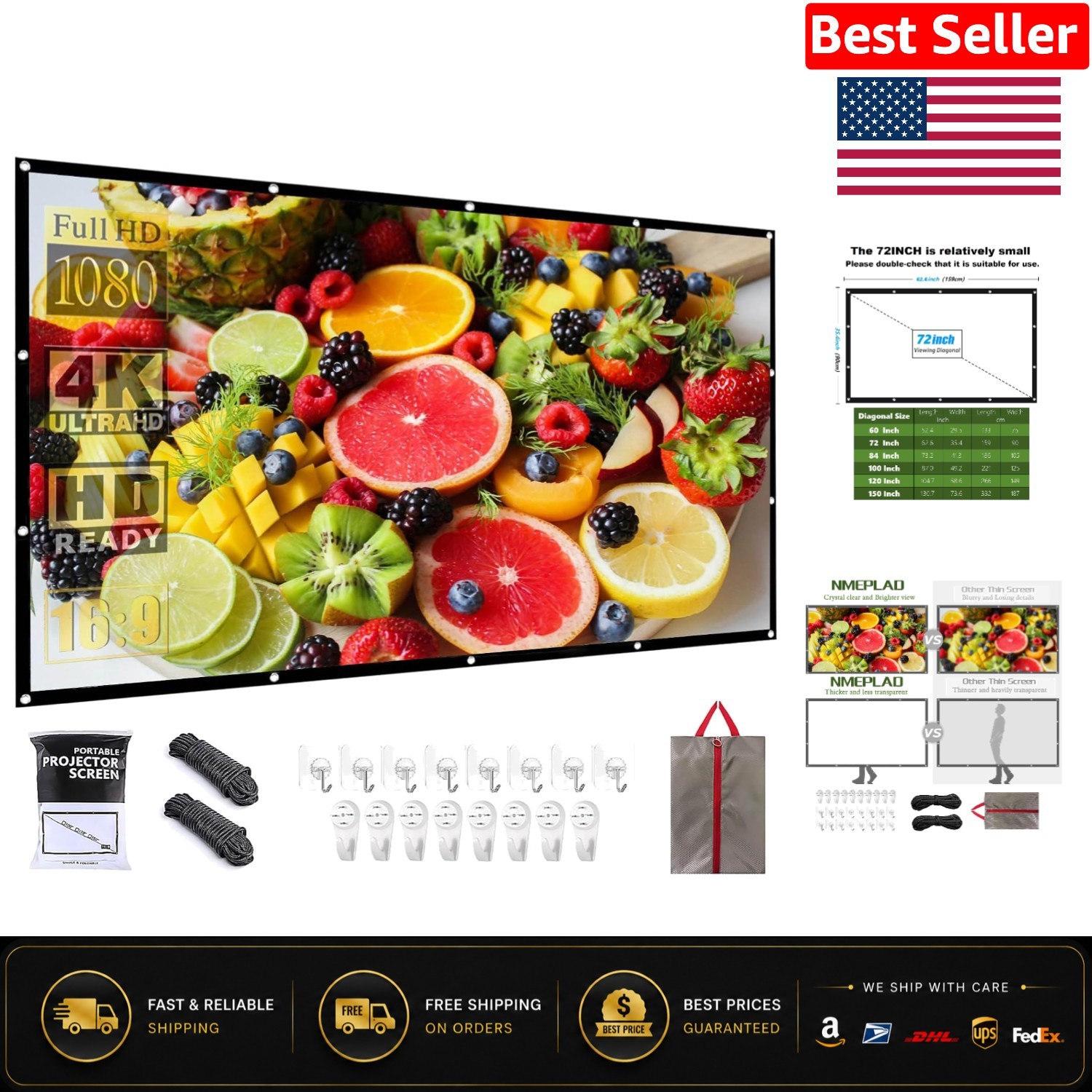 Foldable 72 Inch Projector Screen with 1.1 Gain - Ideal for Family Movie Nights