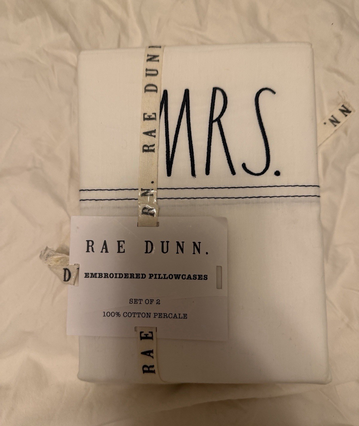 Rae Dunn Embroidered Pillowcases Set of 2 White 100% Cotton Percale