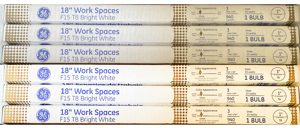 (case of 6) GE F15T8 Linear Fluorescent, 18 inches, 15 watt T8, 3500K Bright